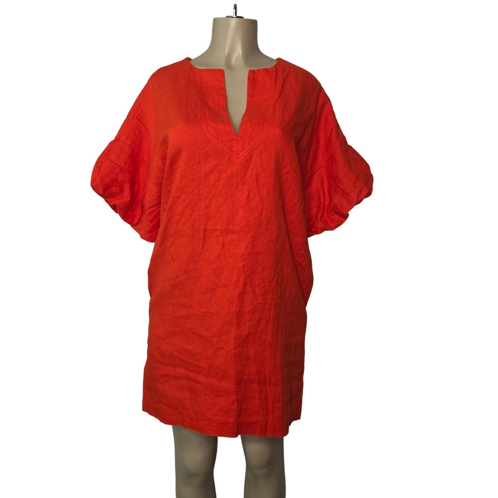 Banana Republic Dress Womens S Orange Linen Puff Sleeve V-Neck Shift Mini Pocket